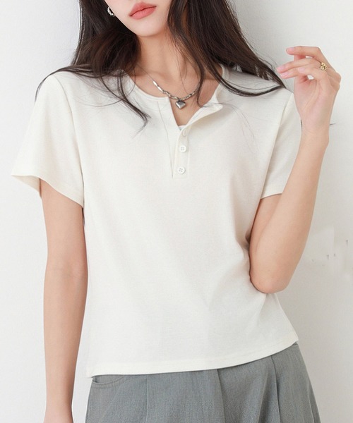 DAY CLOSET(デイ クローゼット)の「【ストレッチ有】程よい抜け感&こなれ見え。半袖 ヘンリーネック リブ Tシャツ レディース(Tシャツ/カットソー・レディース・ブルー系その他/ホワイト/ブラック/ピンク・L/XL/M)」の2枚目の写真