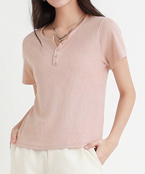 DAY CLOSET(デイ クローゼット)の「【ストレッチ有】程よい抜け感&こなれ見え。半袖 ヘンリーネック リブ Tシャツ レディース(Tシャツ/カットソー・レディース・ブルー系その他/ホワイト/ブラック/ピンク・L/XL/M)」の4枚目の写真