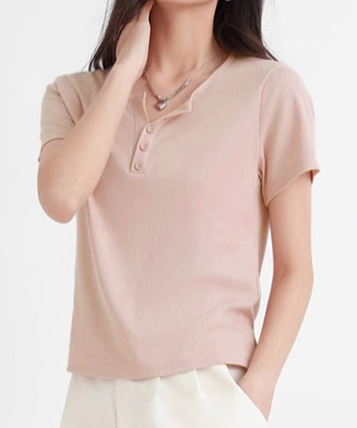 DAY CLOSET(デイ クローゼット)の「【ストレッチ有】程よい抜け感&こなれ見え。半袖 ヘンリーネック リブ Tシャツ レディース(Tシャツ/カットソー・レディース・ブルー系その他/ホワイト/ブラック/ピンク・L/XL/M)」の18枚目の写真