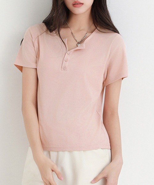 DAY CLOSET(デイ クローゼット)の「【ストレッチ有】程よい抜け感&こなれ見え。半袖 ヘンリーネック リブ Tシャツ レディース(Tシャツ/カットソー・レディース・ブルー系その他/ホワイト/ブラック/ピンク・L/XL/M)」の19枚目の写真