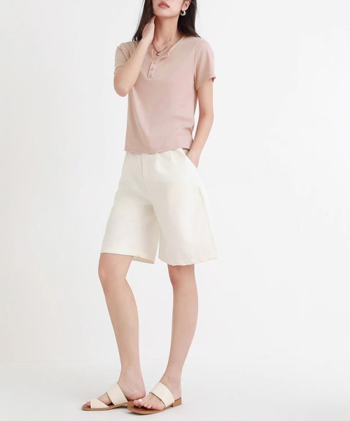 DAY CLOSET(デイ クローゼット)の「【ストレッチ有】程よい抜け感&こなれ見え。半袖 ヘンリーネック リブ Tシャツ レディース(Tシャツ/カットソー・レディース・ブルー系その他/ホワイト/ブラック/ピンク・L/XL/M)」の21枚目の写真