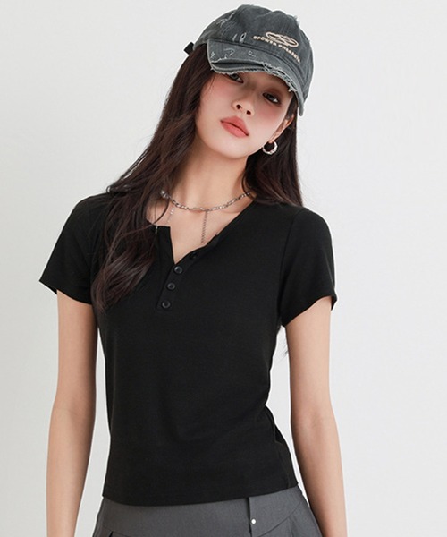 DAY CLOSET(デイ クローゼット)の「【ストレッチ有】程よい抜け感&こなれ見え。半袖 ヘンリーネック リブ Tシャツ レディース(Tシャツ/カットソー・レディース・ブルー系その他/ホワイト/ブラック/ピンク・L/XL/M)」の13枚目の写真