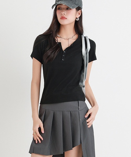 DAY CLOSET(デイ クローゼット)の「【ストレッチ有】程よい抜け感&こなれ見え。半袖 ヘンリーネック リブ Tシャツ レディース(Tシャツ/カットソー・レディース・ブルー系その他/ホワイト/ブラック/ピンク・L/XL/M)」の14枚目の写真