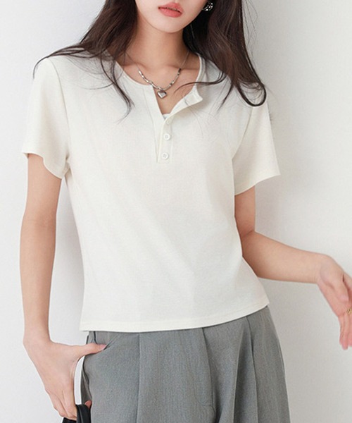 DAY CLOSET(デイ クローゼット)の「【ストレッチ有】程よい抜け感&こなれ見え。半袖 ヘンリーネック リブ Tシャツ レディース(Tシャツ/カットソー・レディース・ブルー系その他/ホワイト/ブラック/ピンク・L/XL/M)」の5枚目の写真