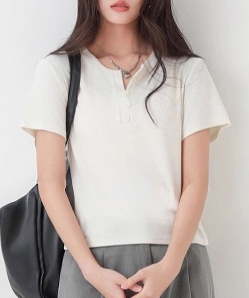 DAY CLOSET(デイ クローゼット)の「【ストレッチ有】程よい抜け感&こなれ見え。半袖 ヘンリーネック リブ Tシャツ レディース(Tシャツ/カットソー・レディース・ブルー系その他/ホワイト/ブラック/ピンク・L/XL/M)」の6枚目の写真