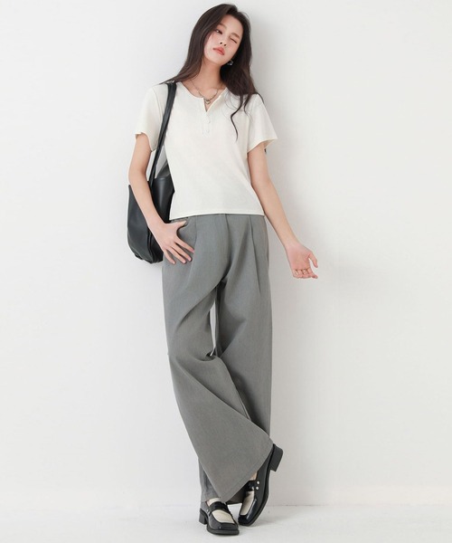 DAY CLOSET(デイ クローゼット)の「【ストレッチ有】程よい抜け感&こなれ見え。半袖 ヘンリーネック リブ Tシャツ レディース(Tシャツ/カットソー・レディース・ブルー系その他/ホワイト/ブラック/ピンク・L/XL/M)」の8枚目の写真