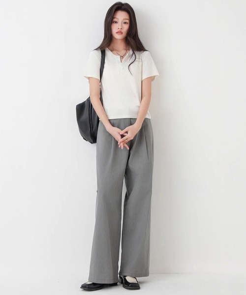 DAY CLOSET(デイ クローゼット)の「【ストレッチ有】程よい抜け感&こなれ見え。半袖 ヘンリーネック リブ Tシャツ レディース(Tシャツ/カットソー・レディース・ブルー系その他/ホワイト/ブラック/ピンク・L/XL/M)」の9枚目の写真