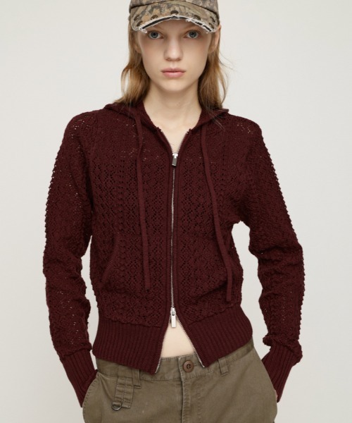 SLY(スライ)の「OPEN WORK ZIP HOODIE オープンワークジップフーディー 秋服 冬服(ニット/セーター・レディース・ブラック/バーガンディー/アイボリー・FREE)」の1枚目の写真