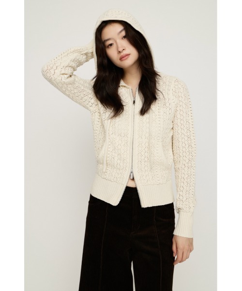 SLY(スライ)の「OPEN WORK ZIP HOODIE オープンワークジップフーディー 秋服 冬服(ニット/セーター・レディース・ブラック/バーガンディー/アイボリー・FREE)」の2枚目の写真