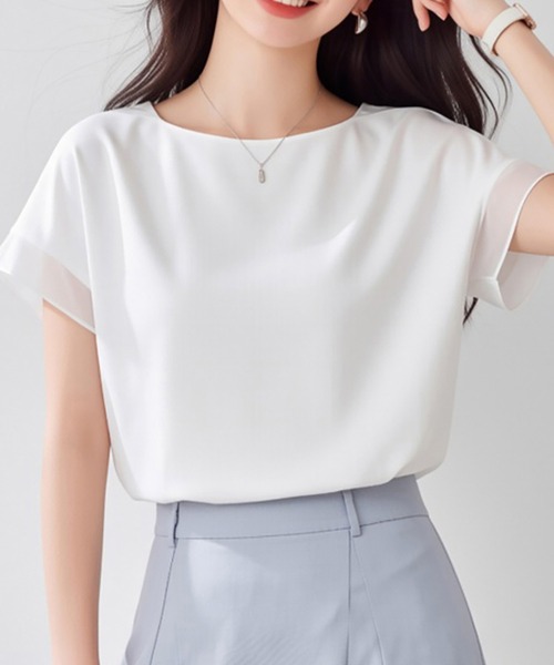 Doux Belle(ドゥーベル)の「ラウンドネック半袖ブラウス(シャツ/ブラウス・レディース・ホワイト/ブルー・MEDIUM/LARGE/X-LARGE)」の3枚目の写真