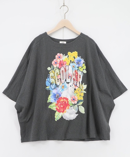ScoLar(スカラー)の「ScoLar(スカラー) 花ネコ柄 ローズジャガードプルオーバー(Tシャツ/カットソー・レディース・オフホワイト/ブルー/チャコールグレー・MEDIUM)」の2枚目の写真