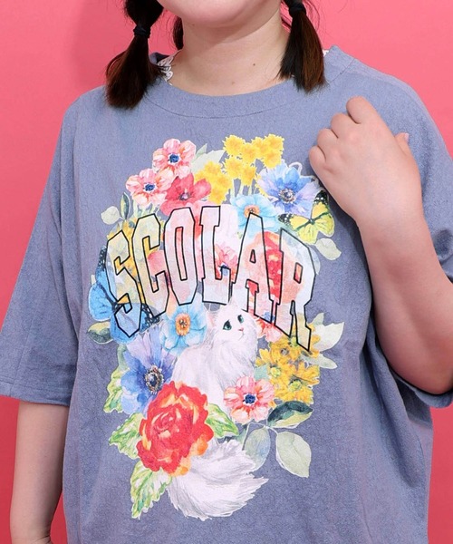 ScoLar(スカラー)の「ScoLar(スカラー) 花ネコ柄 ローズジャガードプルオーバー(Tシャツ/カットソー・レディース・オフホワイト/ブルー/チャコールグレー・MEDIUM)」の8枚目の写真
