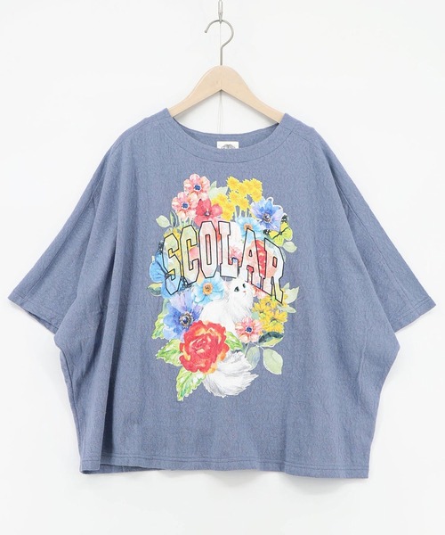 ScoLar(スカラー)の「ScoLar(スカラー) 花ネコ柄 ローズジャガードプルオーバー(Tシャツ/カットソー・レディース・オフホワイト/ブルー/チャコールグレー・MEDIUM)」の10枚目の写真