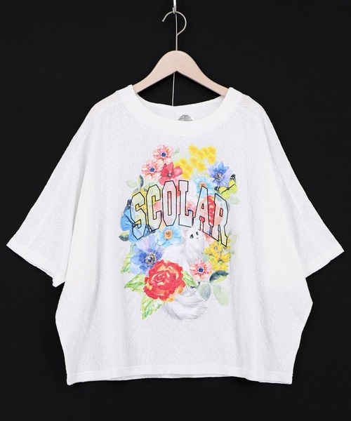 ScoLar(スカラー)の「ScoLar(スカラー) 花ネコ柄 ローズジャガードプルオーバー(Tシャツ/カットソー・レディース・オフホワイト/ブルー/チャコールグレー・MEDIUM)」の12枚目の写真