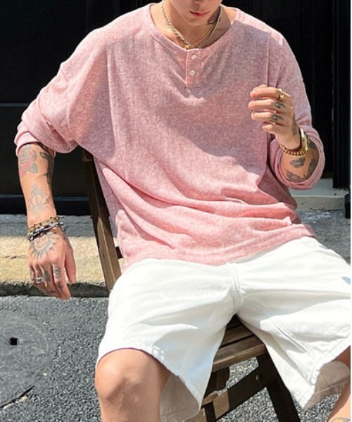 DOUBLE STEAL（ダブルスティール）の「DSルーズヘンリーネック長袖Tシャツ（Tシャツ/カットソー・メンズ・ピンク/ブラック/グレー・X-LARGE/LARGE/MEDIUM）」の6枚目の写真