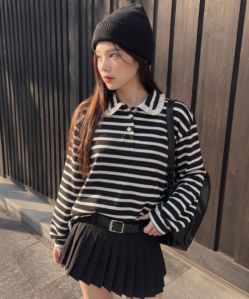 HOOK(フック)の「HOOK for girls ボーダー襟オーバーサイズスウェット(スウェット・レディース・ブラック・S)」の1枚目の写真