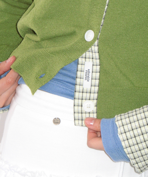 RONRON（ロンロン）の「CHECK SHIRT POINTED KNIT CARDIGAN OLIVE（カーディガン/ボレロ・レディース・その他・FREE）」の2枚目の写真