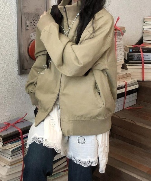 FLINEA（フリネア）の「スタンドカラーリラックスジャケット（スタジャン・レディース・モカ/カーキ・FREE）」の9枚目の写真