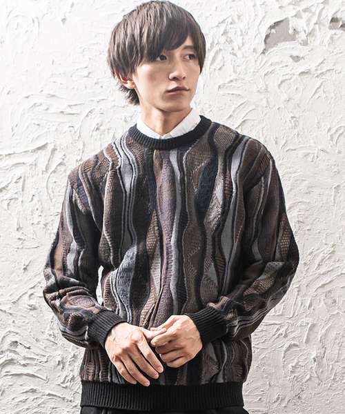 MinoriTY（マイノリティ）の「クージー柄ミックスオーバーサイズクルーニット レトロ柄ビッグニット（ニット/セーター・メンズ・ブラック/ワイン/ネイビー・M/L）」の2枚目の写真