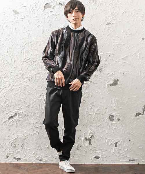 MinoriTY（マイノリティ）の「クージー柄ミックスオーバーサイズクルーニット レトロ柄ビッグニット（ニット/セーター・メンズ・ブラック/ワイン/ネイビー・M/L）」の9枚目の写真