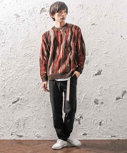 MinoriTY（マイノリティ）の「クージー柄ミックスオーバーサイズクルーニット レトロ柄ビッグニット（ニット/セーター・メンズ・ブラック/ワイン/ネイビー・M/L）」の7枚目の写真