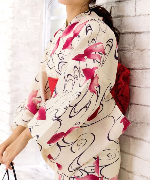 KYOETSU(キョウエツ)の「「KYOETSU/キョウエツ」浴衣セット レトロ 綿麻 4点セット(浴衣、作り帯、肌着、下駄) fy30(浴衣)」|ホワイト系その他