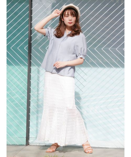 dazzlin（ダズリン）の「Ｖネックパフスリーブシアーブラウス（シャツ/ブラウス・レディース・オフホワイト/ベージュ/ピンク/ブルー・FREE）」の14枚目の写真