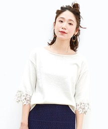 リブ イン コンフォート 着るだけパッと華やぐ 袖レース綿ニットトップス