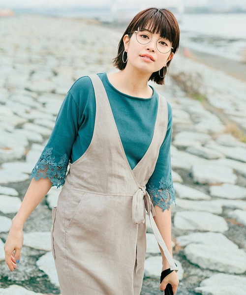Live in comfort（リブインコンフォート）の「リブ　イン　コンフォート　着るだけパッと華やぐ　袖レース綿ニットトップス（ニット/セーター・レディース・グリーン/ピンク/ホワイト・MEDIUM/LARGE/X-LARGE/XXX-LARGE/SMALL/XX-LARGE）」の15枚目の写真