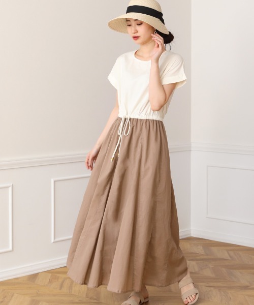 Bou Jeloud（ブージュルード）の「Made in INDIA◆6枚ハギフレアマキシワンピース/ウエストマークバイカラーロングワンピ/コットンギャザースカート（ワンピース・レディース・ホワイト系その他/A/モカ/チャコールグレー/レッド・38）」の5枚目の写真