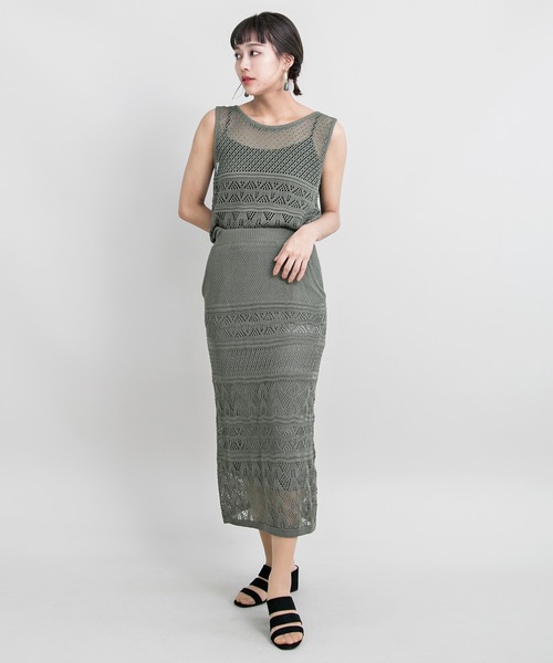 MILLION CARATS（ミリオンカラッツ）の「透かし編みのニットスカートとニットTOPSのセットアップ（アンサンブル・レディース・ブラック/カーキ/ベージュ/ブラウン・FREE）」の4枚目の写真