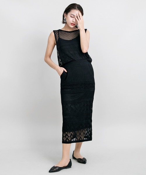 MILLION CARATS（ミリオンカラッツ）の「透かし編みのニットスカートとニットTOPSのセットアップ（アンサンブル・レディース・ブラック/カーキ/ベージュ/ブラウン・FREE）」の2枚目の写真