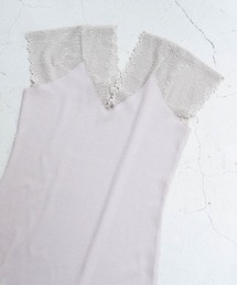 袖レースVネックテレコトップス