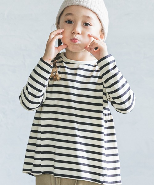 pairmanon（ペアマノン）の「ボーダー長袖ガールズチュニック（Tシャツ/カットソー・キッズ・ブラック/アイボリー/モカ/グレイッシュベージュ・90/100/110/120/130/140/150）」の7枚目の写真
