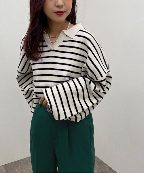 apres jour mignon(アプレジュールミニョン)の「ボーダーポロニット【ZOZOTOWN限定アイテム】(ニット/セーター・レディース・ネイビー/ボルドー/グリーン・X-LARGE/フリー)」の2枚目の写真