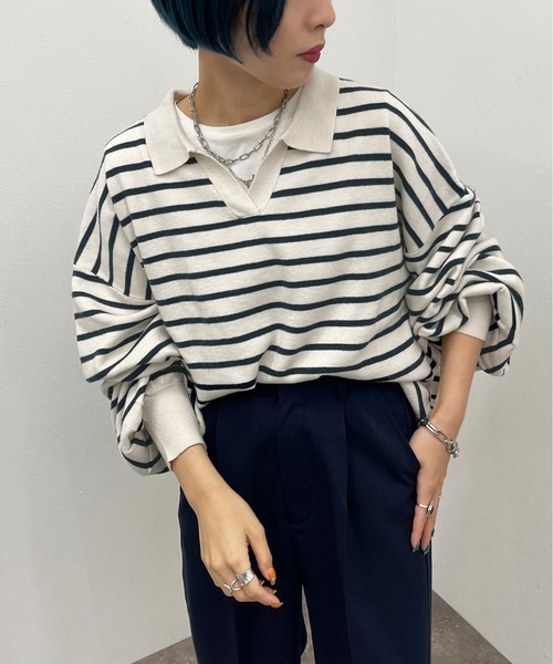 apres jour mignon(アプレジュールミニョン)の「ボーダーポロニット【ZOZOTOWN限定アイテム】(ニット/セーター・レディース・ネイビー/ボルドー/グリーン・X-LARGE/フリー)」の1枚目の写真