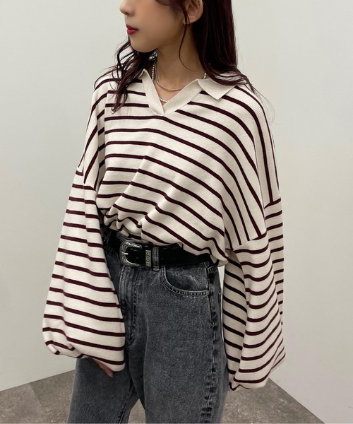 apres jour mignon(アプレジュールミニョン)の「ボーダーポロニット【ZOZOTOWN限定アイテム】(ニット/セーター・レディース・ネイビー/ボルドー/グリーン・X-LARGE/フリー)」の3枚目の写真