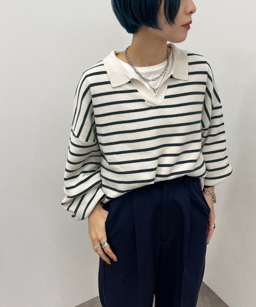 apres jour mignon(アプレジュールミニョン)の「ボーダーポロニット【ZOZOTOWN限定アイテム】(ニット/セーター・レディース・ネイビー/ボルドー/グリーン・X-LARGE/フリー)」の4枚目の写真