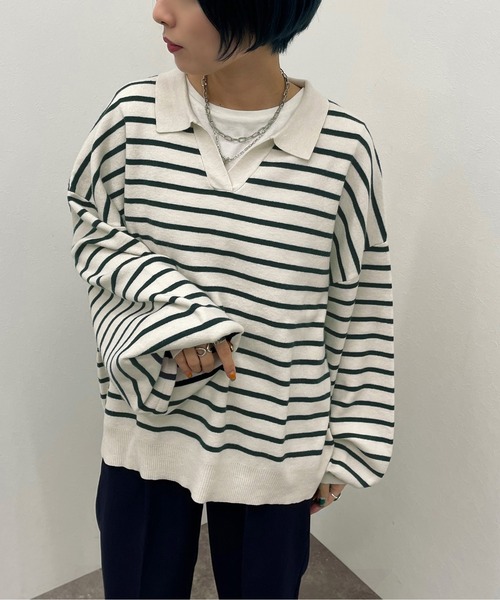apres jour mignon(アプレジュールミニョン)の「ボーダーポロニット【ZOZOTOWN限定アイテム】(ニット/セーター・レディース・ネイビー/ボルドー/グリーン・X-LARGE/フリー)」の8枚目の写真