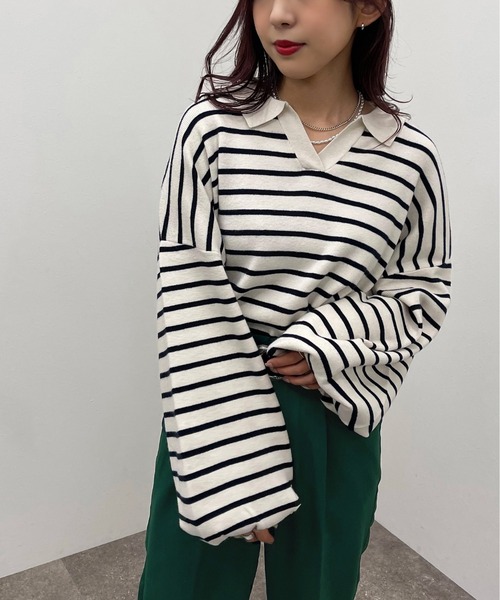 apres jour mignon(アプレジュールミニョン)の「ボーダーポロニット【ZOZOTOWN限定アイテム】(ニット/セーター・レディース・ネイビー/ボルドー/グリーン・X-LARGE/フリー)」の13枚目の写真