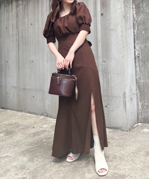 one after another NICE CLAUP(ワンアフターアナザーナイスクラップ)の「リネンスリットカラーロングワンピース(ワンピース・レディース・ブラック/イエロー/グリーン/アイボリー/ブラウン/ベージュ系その他・FREE)」の4枚目の写真