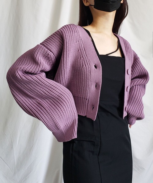 me+em select（ミームセレクト）の「※※ショート丈ボリュームリブニットカーディガン ／ short volume libknit cardigan（カーディガン/ボレロ・レディース・ダークブルー/ライム/イエロー/ブラック/ブルー/モカ/ブラウン/オレンジ/アイボリー/パープル/ライトグリーン/ライトブルー/ライトピンク/グレー・FREE）」の12枚目の写真