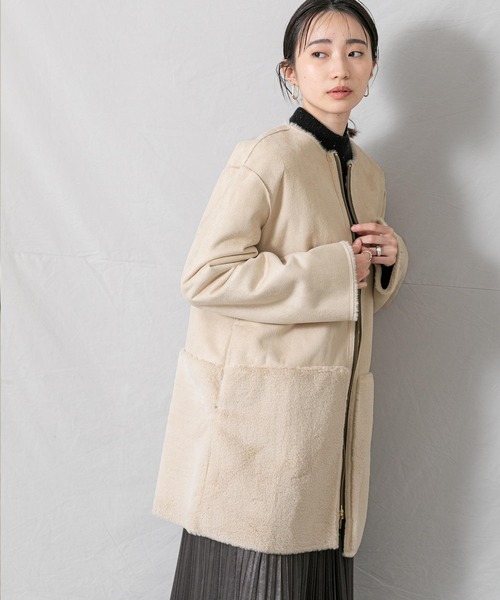 Gready Brilliant（グレディブリリアン）の「フェイクムートンノーカラーコート（ムートンコート・レディース・グレイッシュベージュ・FREE）」の7枚目の写真