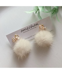 【amechan】2way小花とミンクファー(ピアス)(MA)