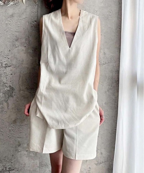 Meli rich（メリーリッチ）の「【セットアップ対応】コットンリネンセンタープレスハーフパンツ（その他パンツ・レディース・アイボリー/ブラック/ブラウン/ベージュ・MEDIUM）」の3枚目の写真