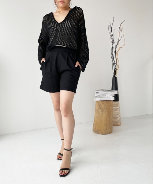 Meli rich（メリーリッチ）の「【セットアップ対応】コットンリネンセンタープレスハーフパンツ（その他パンツ・レディース・アイボリー/ブラック/ブラウン/ベージュ・MEDIUM）」の16枚目の写真