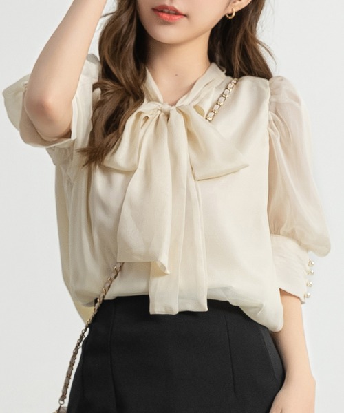 セール】レディース 半袖ボウタイリボンシアーシフォンブラウス