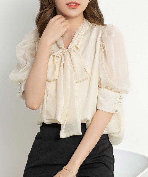 DAY CLOSET(デイ クローゼット)の「レディース 半袖ボウタイリボンシアーシフォンブラウス(シャツ/ブラウス・レディース・アイボリー・S/L/M)」の15枚目の写真