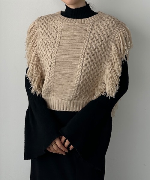 Louere（ルエレ）の「フリンジニットベスト（ベスト・レディース・グレイッシュベージュ/ブラック/アイボリー・FREE）」の3枚目の写真