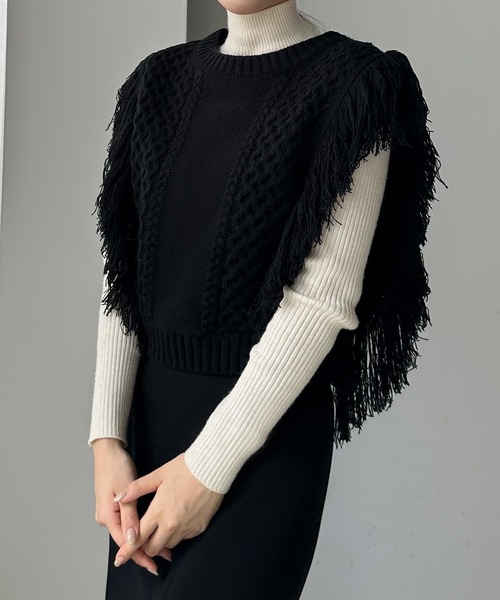Louere（ルエレ）の「フリンジニットベスト（ベスト・レディース・グレイッシュベージュ/ブラック/アイボリー・FREE）」の2枚目の写真